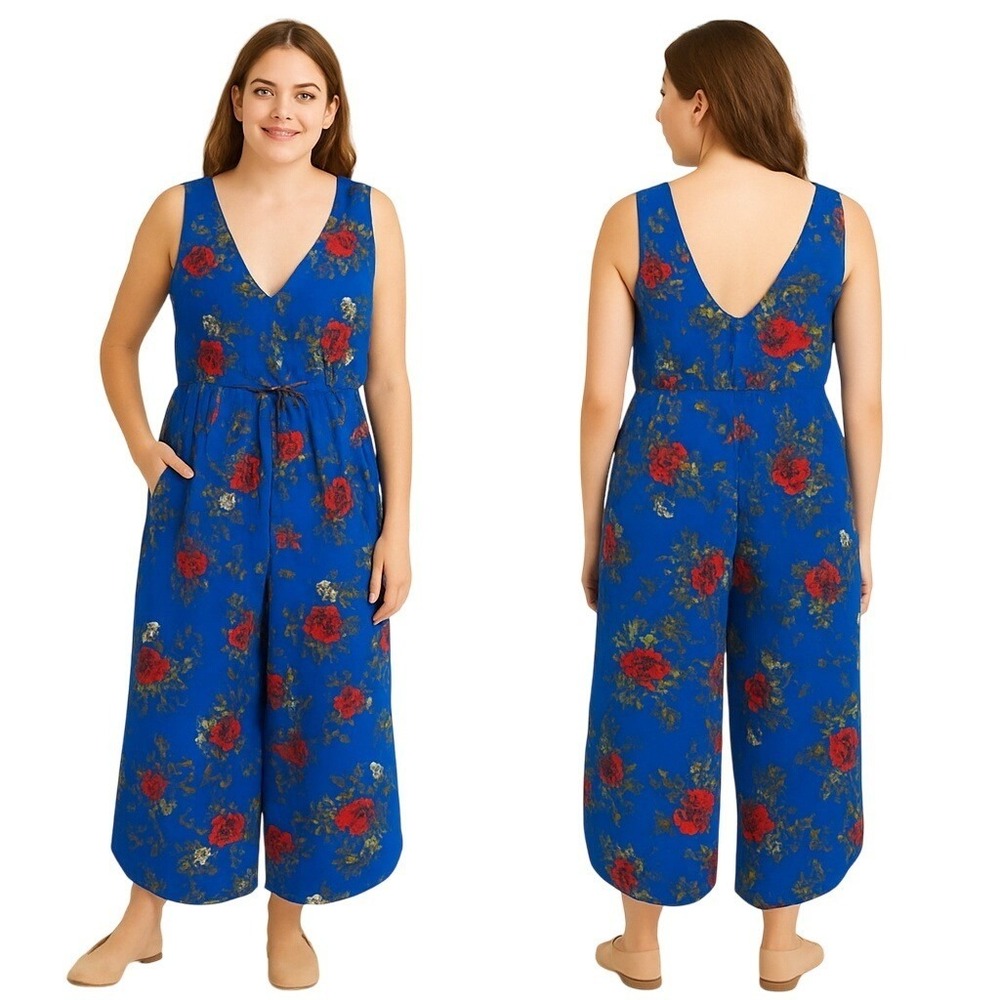 Purple Snow Blue Floral Wide Leg Jumpsuit L Sleeveless V-Neck Drawstring Waist